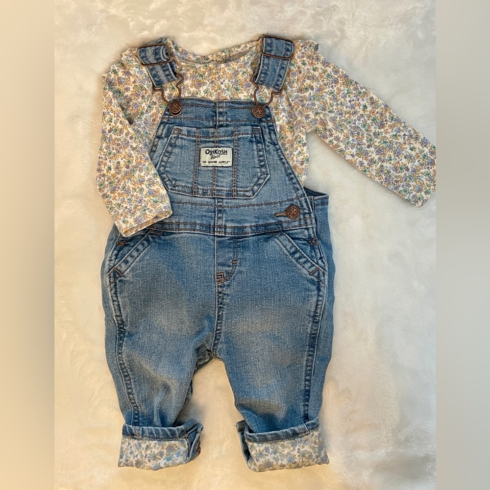 OshKosh B'gosh Light Blue Denim Overalls with Floral Tee, girl 6 months